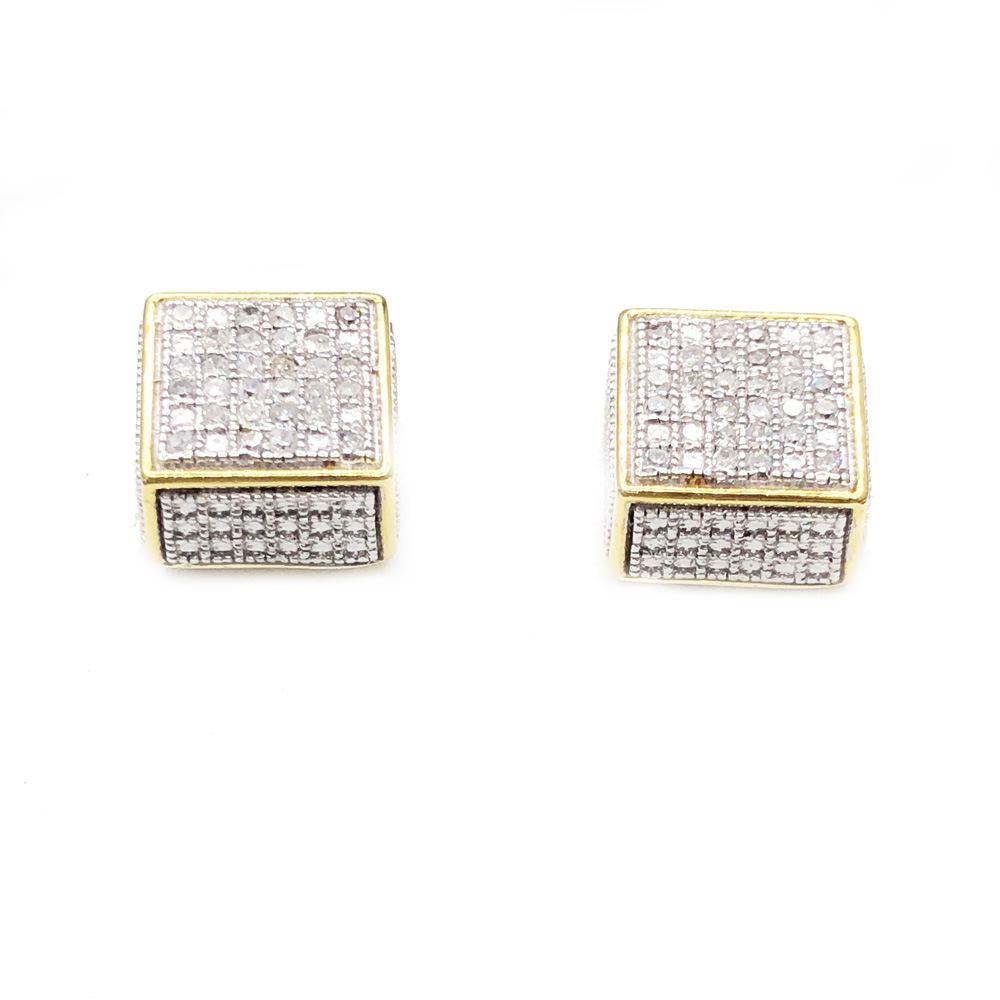 3D Cube .17cttw Diamond Earrings Yellow .925 Sterling Silver HipHopBling