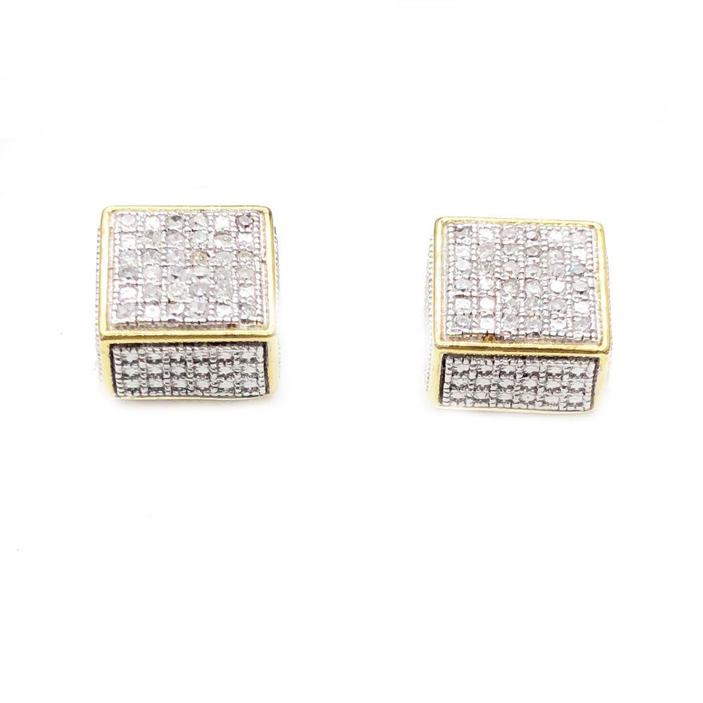 3D Cube .17cttw Diamond Earrings Yellow .925 Sterling Silver Yellow Gold HipHopBling