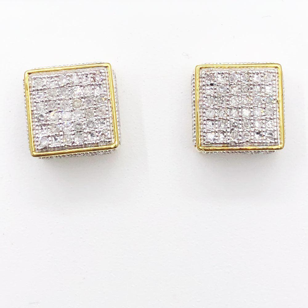 3D Cube .17cttw Diamond Earrings Yellow .925 Sterling Silver Yellow Gold HipHopBling