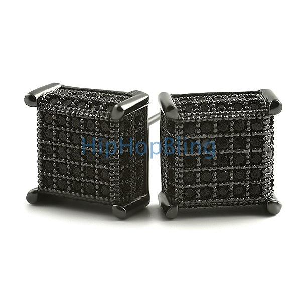 3D Cube CZ Black Bling Bling Earrings HipHopBling