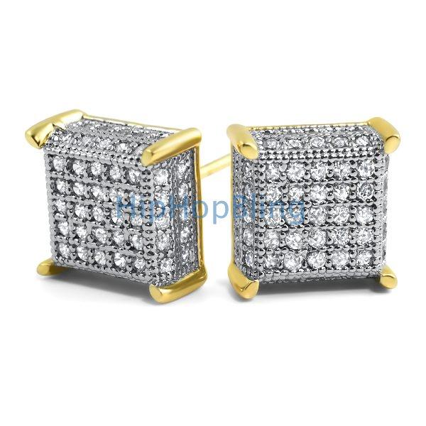 3D Cube CZ Gold Micro Pave Iced Out Earrings HipHopBling