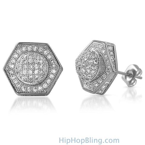 3D Domed Hexagon Rhodium CZ Hip Hop Earrings HipHopBling