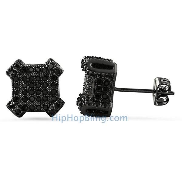 3D Edgy Box Black CZ Bling Bling Earrings HipHopBling