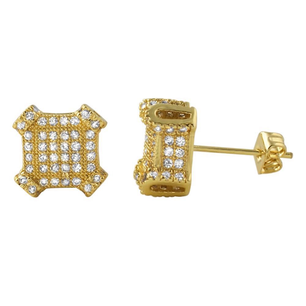 3D Edgy Box Gold CZ Bling Bling Earrings HipHopBling
