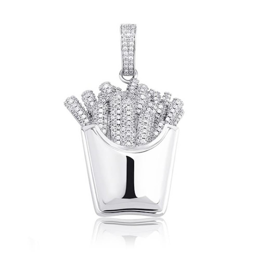 3D French Fries Fast Food CZ Iced Out Hip Hop Bling Pendant White Gold HipHopBling