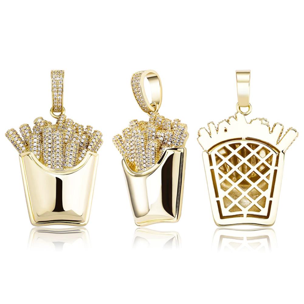 3D French Fries Fast Food CZ Iced Out Hip Hop Bling Pendant White Gold HipHopBling