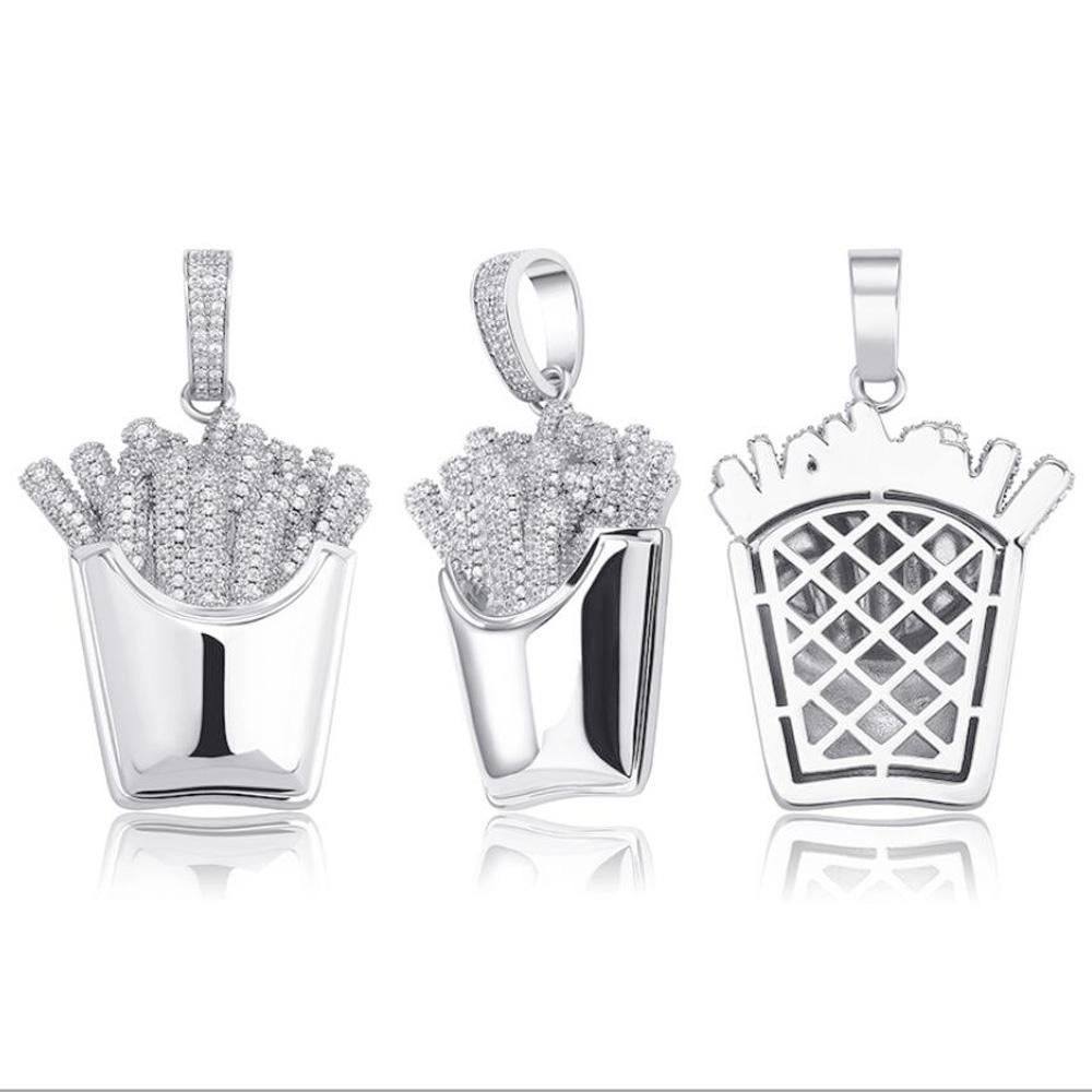 3D French Fries Fast Food CZ Iced Out Hip Hop Bling Pendant White Gold HipHopBling
