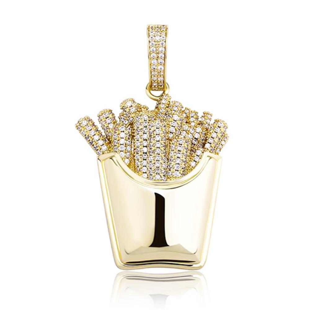 3D French Fries Fast Food CZ Iced Out Hip Hop Bling Pendant Yellow Gold HipHopBling