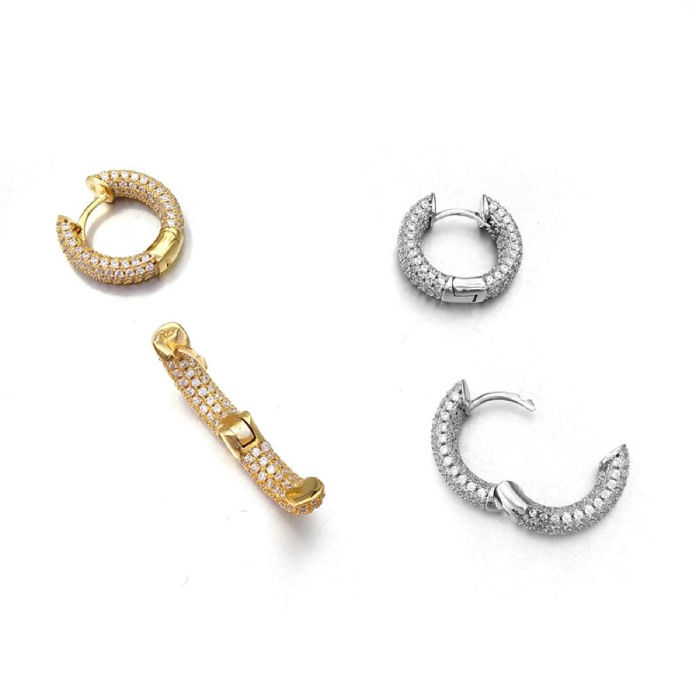 3D Full Micro Pave CZ Iced Out Huggie Hoop Earrings .925 Silver White Gold HipHopBling