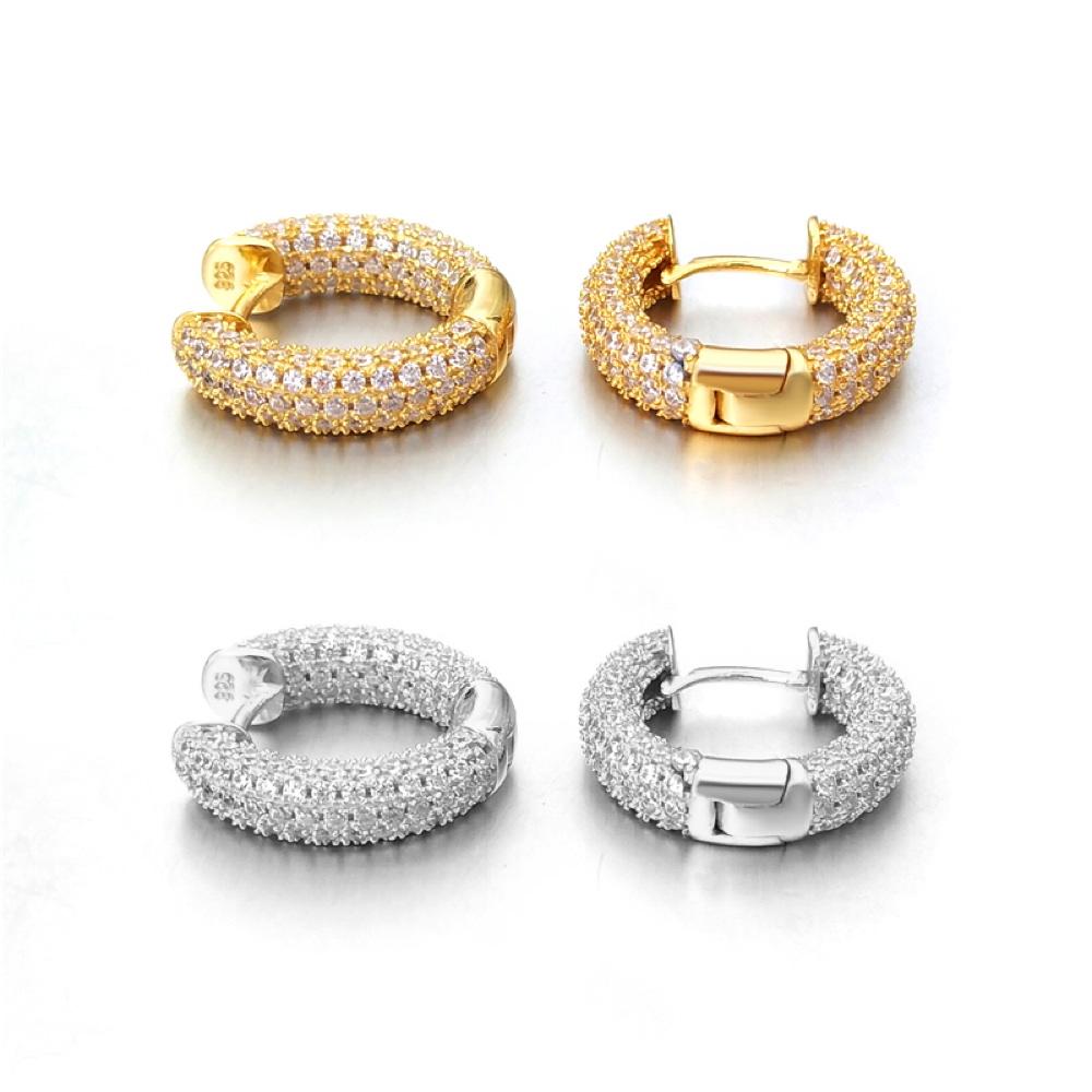 3D Full Micro Pave CZ Iced Out Huggie Hoop Earrings .925 Silver White Gold HipHopBling