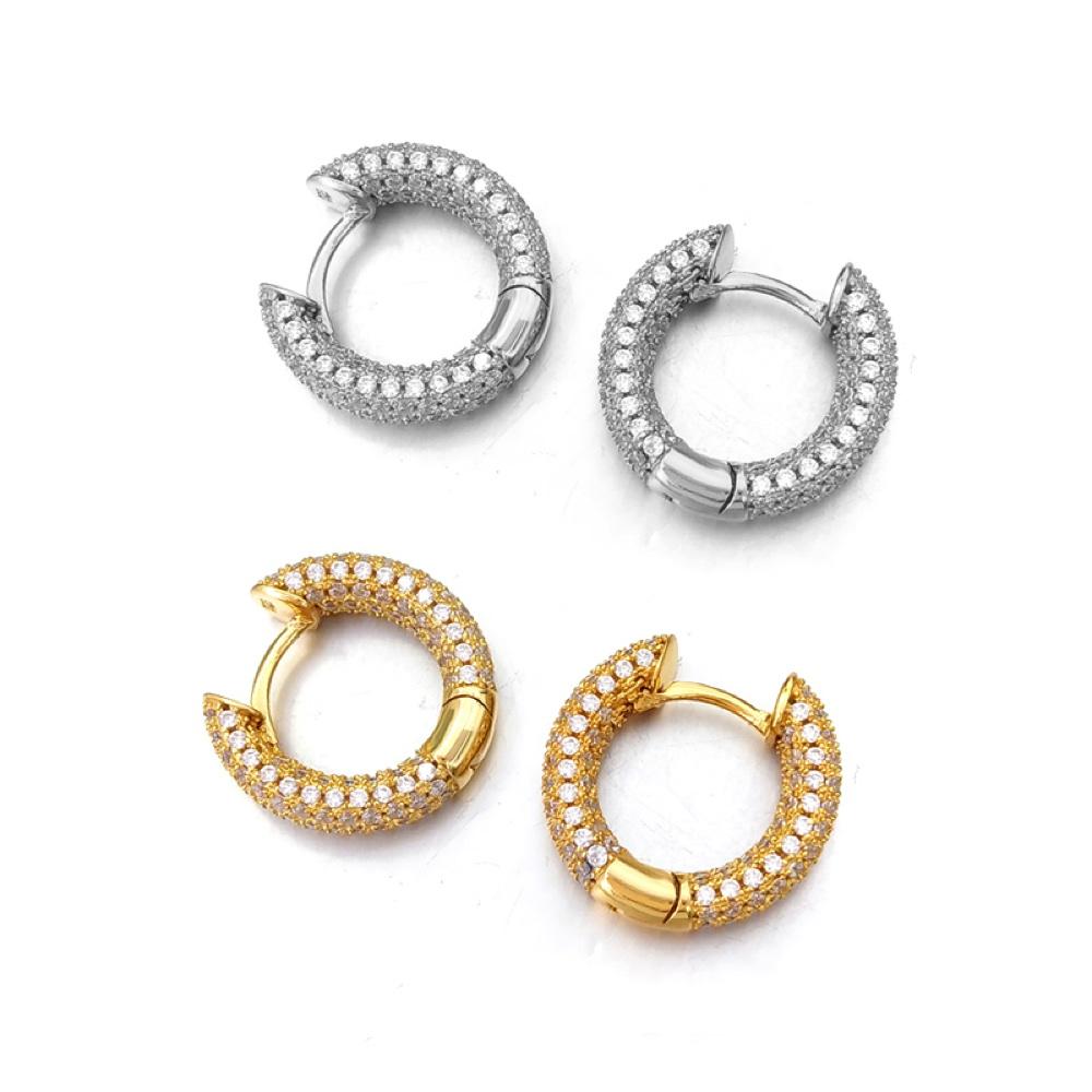 3D Full Micro Pave CZ Iced Out Huggie Hoop Earrings .925 Silver White Gold HipHopBling