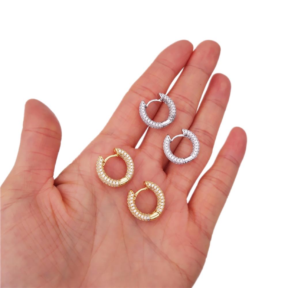 3D Full Micro Pave CZ Iced Out Huggie Hoop Earrings .925 Silver White Gold HipHopBling