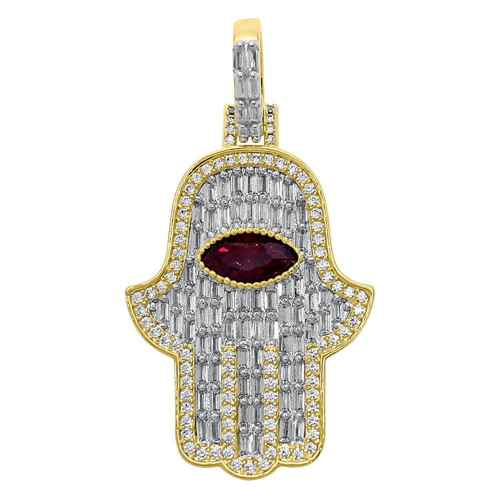 3D Gem Hamsa Baguette VVS CZ Iced Out Pendant Green Gem HipHopBling