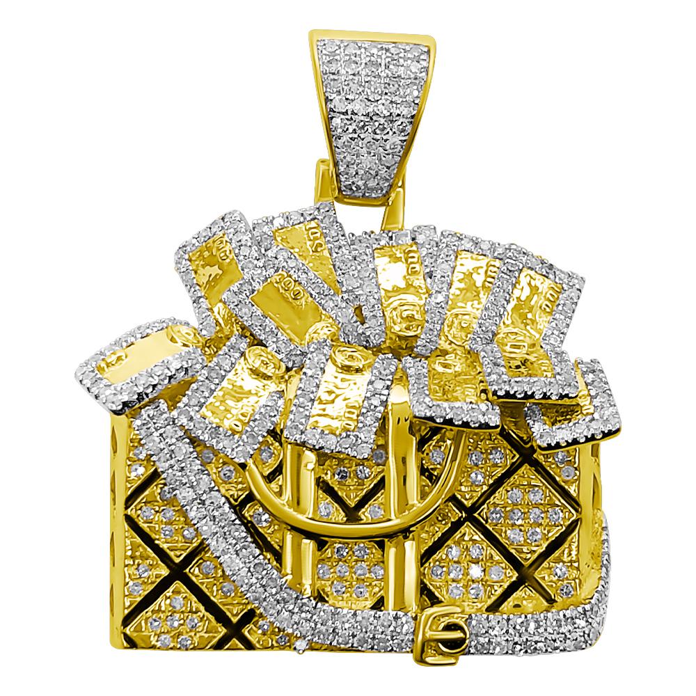 3D Handbag Full Of Money Diamond Pendant .90cttw 10K Yellow Gold HipHopBling