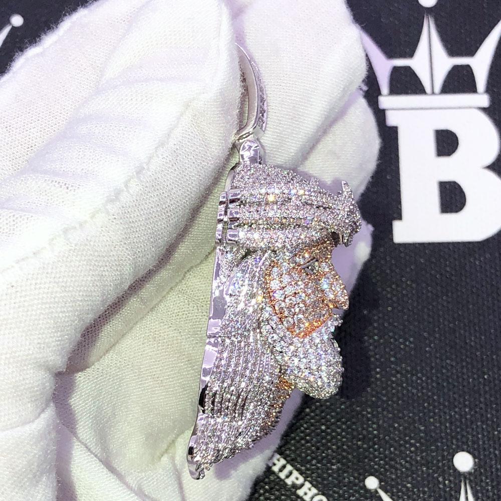 3D Jesus Face Long Hair CZ Hip Hop Iced Out Pendant White Gold HipHopBling