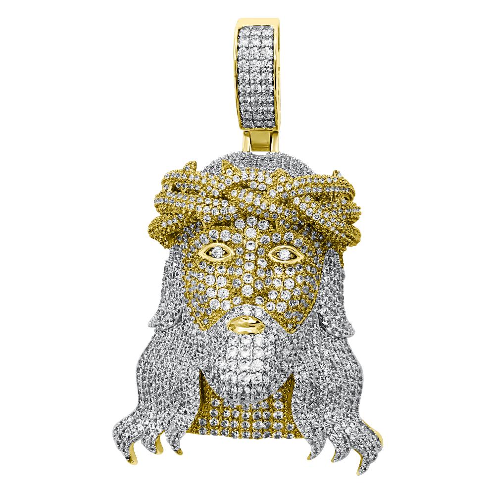 3D Jesus Face Long Hair CZ Hip Hop Iced Out Pendant Yellow Gold HipHopBling