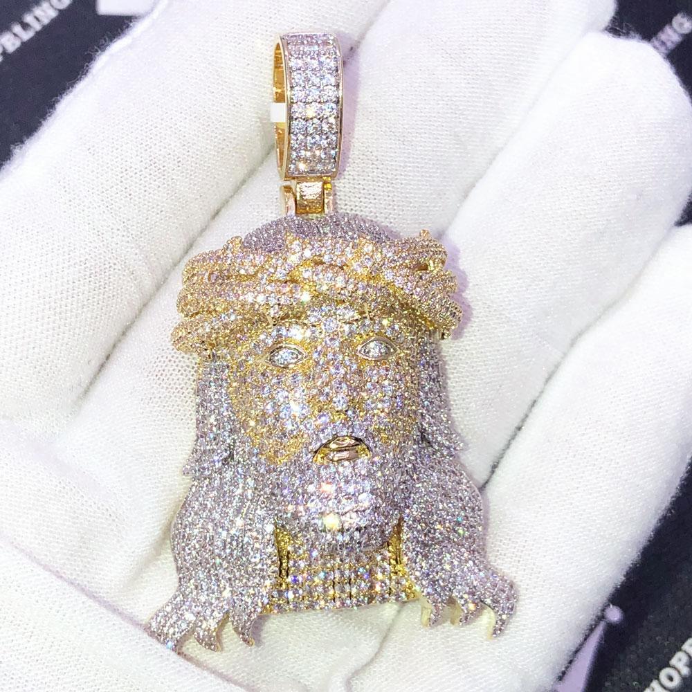 3D Jesus Face Long Hair CZ Hip Hop Iced Out Pendant Yellow Gold HipHopBling