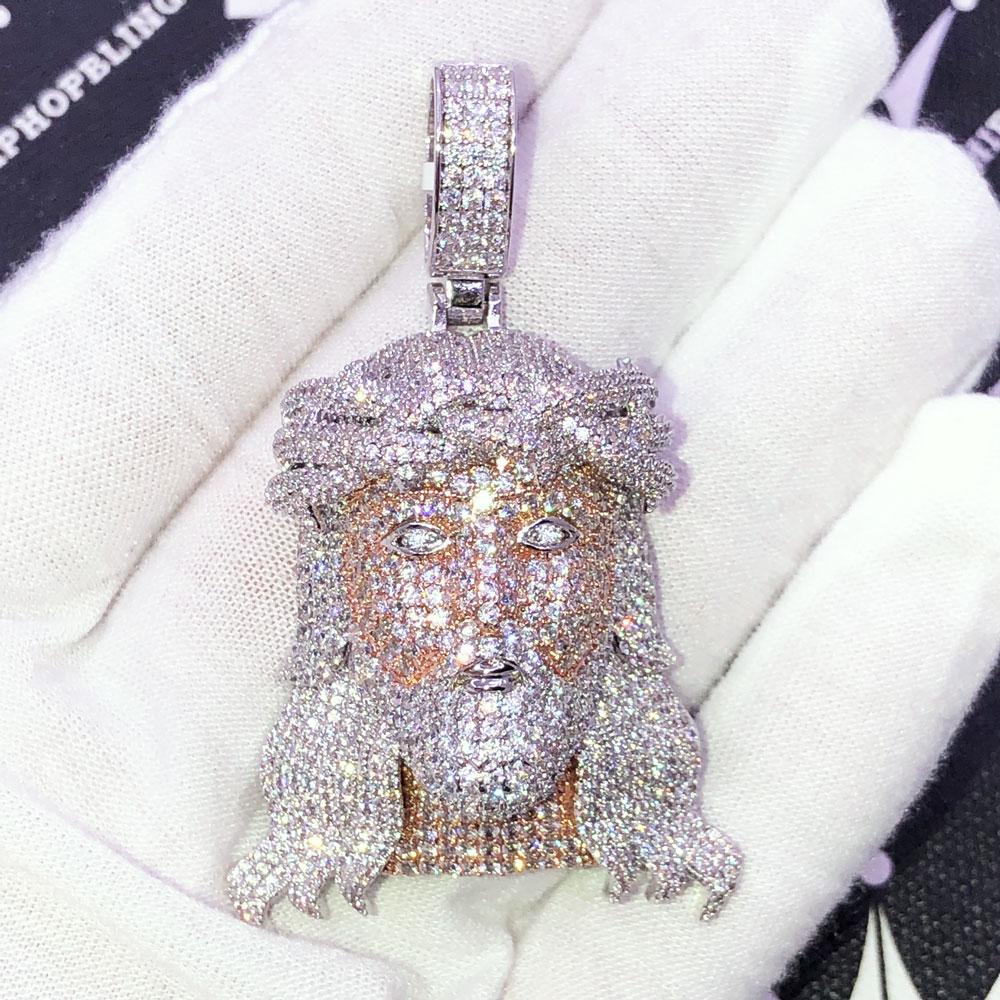 3D Jesus Face Long Hair CZ Hip Hop Iced Out Pendant Yellow Gold HipHopBling