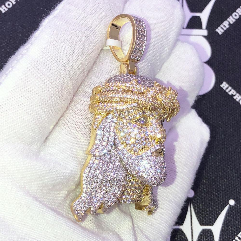 3D Jesus Face Long Hair CZ Hip Hop Iced Out Pendant Yellow Gold HipHopBling