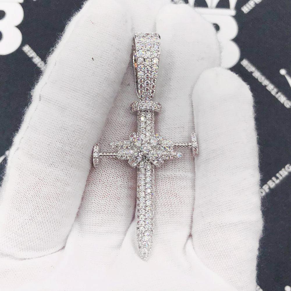 3D Nail Cross Iced Out Hip Hop Pendant White Gold HipHopBling