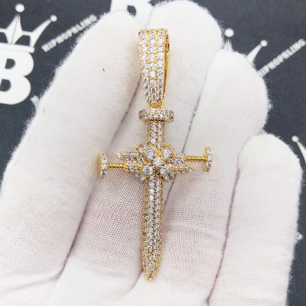 3D Nail Cross Iced Out Hip Hop Pendant Yellow Gold HipHopBling