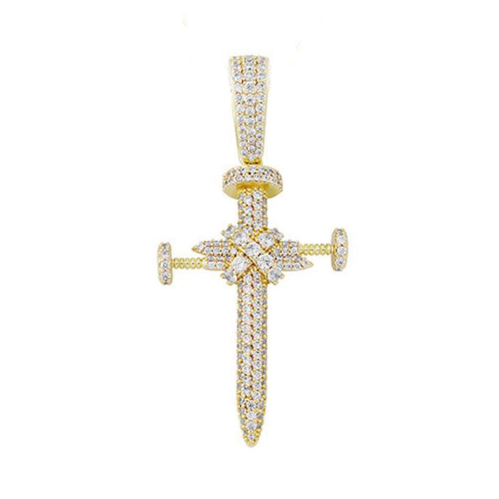 3D Nail Cross Iced Out Hip Hop Pendant Yellow Gold HipHopBling