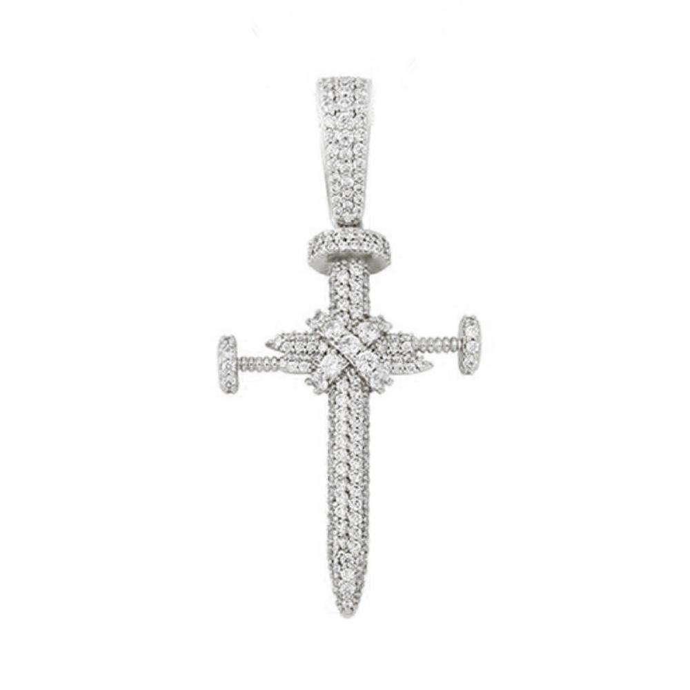 3D Nail Cross Iced Out Hip Hop Pendant Yellow Gold HipHopBling