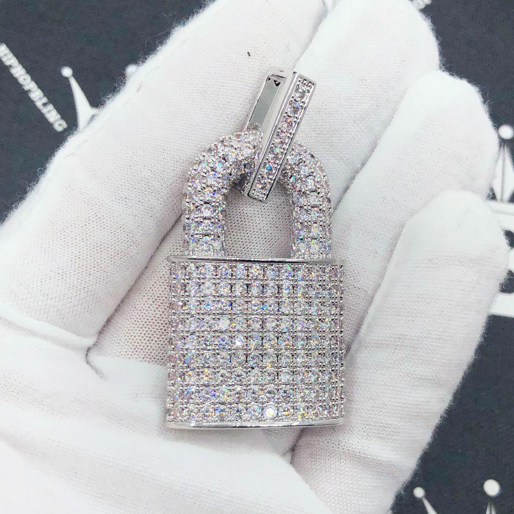 3D Padlock Iced Out Hip Hop Pendant White Gold HipHopBling