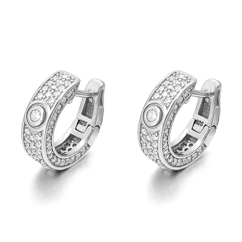 3D Pave Designer Huggie Hoop Iced Out Earrings .925 Silver White Gold HipHopBling