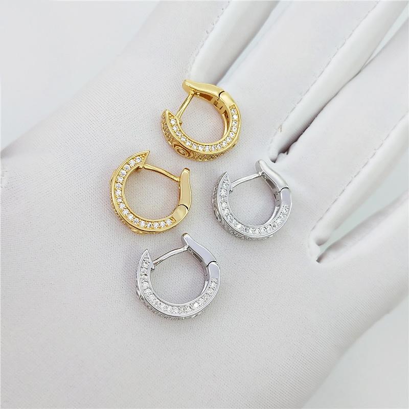 3D Pave Designer Huggie Hoop Iced Out Earrings .925 Silver White Gold HipHopBling