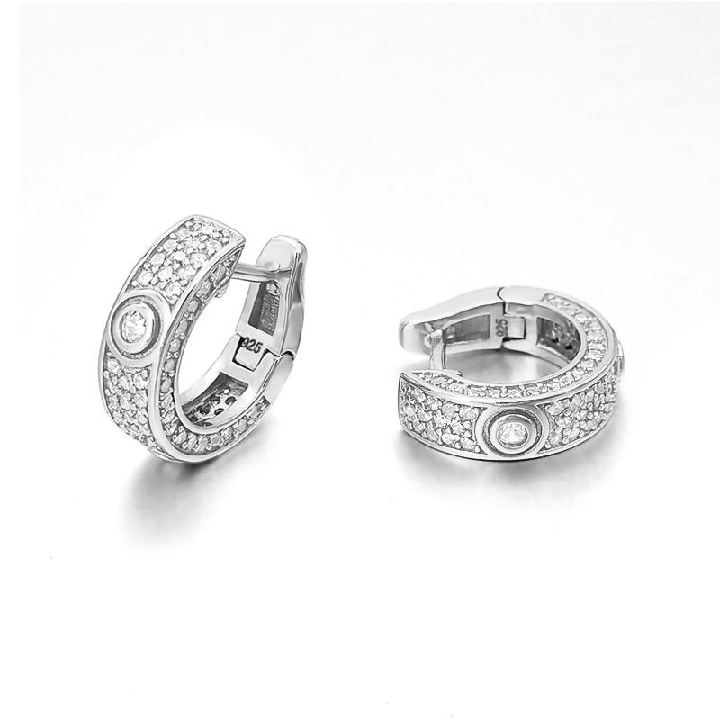 3D Pave Designer Huggie Hoop Iced Out Earrings .925 Silver White Gold HipHopBling