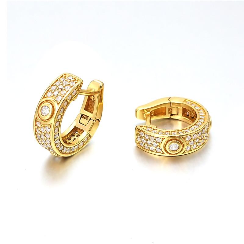 3D Pave Designer Huggie Hoop Iced Out Earrings .925 Silver Yellow Gold HipHopBling