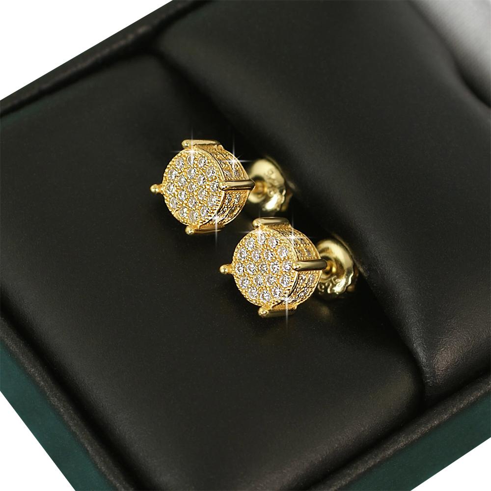 3D Pave Stud VVS Moissanite Earrings .925 Sterling Silver Yellow Gold HipHopBling