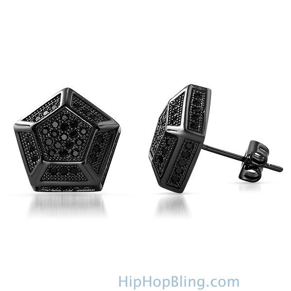 3D Pentagon Black CZ Bling Bling Earrings HipHopBling
