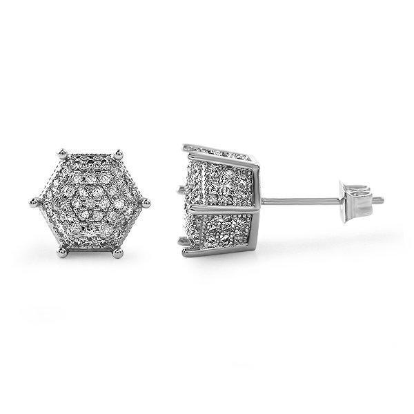 3D Pentagon Rhodium Bling CZ Earrings HipHopBling
