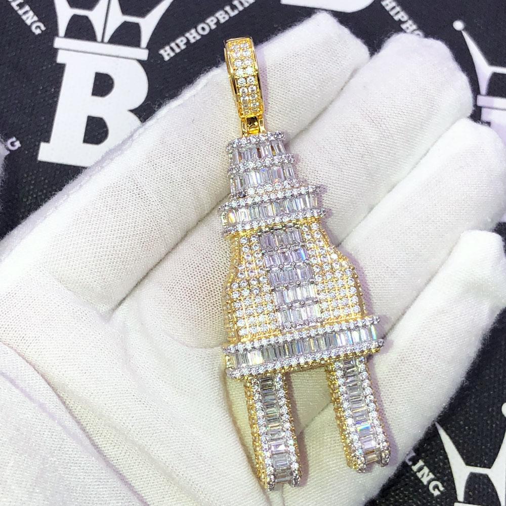3D PLUG Baguette CZ Hip Hop Iced Out Pendant Yellow Gold HipHopBling