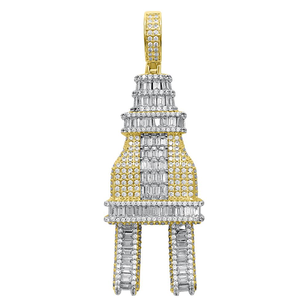 3D PLUG Baguette CZ Hip Hop Iced Out Pendant Yellow Gold HipHopBling
