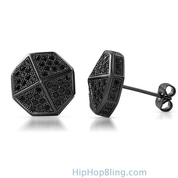 3D Pointed Octagon Black CZ Hip Hop Earrings HipHopBling