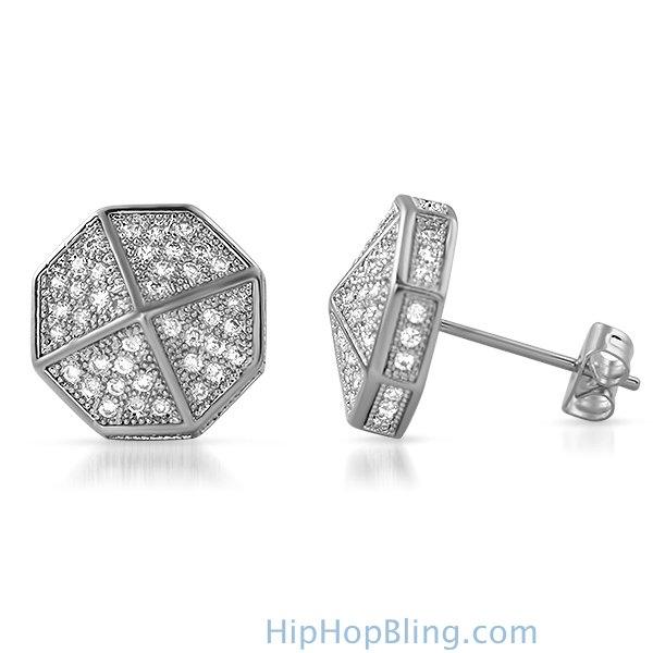 3D Pointed Octagon Rhodium CZ Hip Hop Earrings HipHopBling
