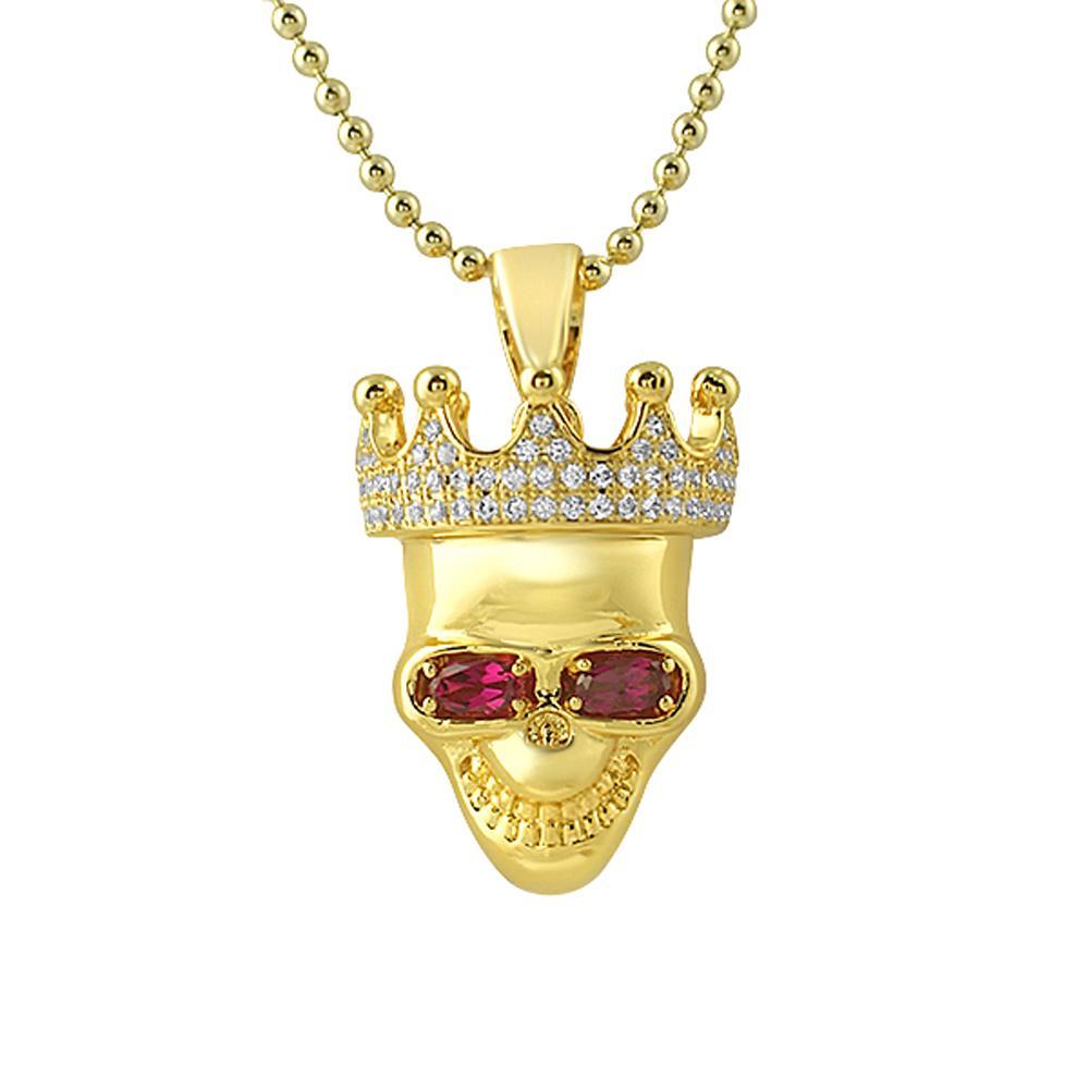 3D Skull Gold Lab Ruby Eyes Micro Pave Pendant HipHopBling