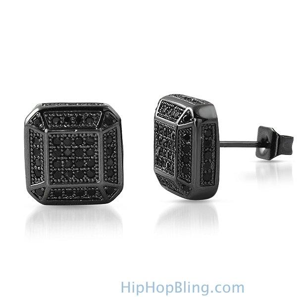 3D Smooth Box Black CZ Micro Pave Bling Earrings HipHopBling