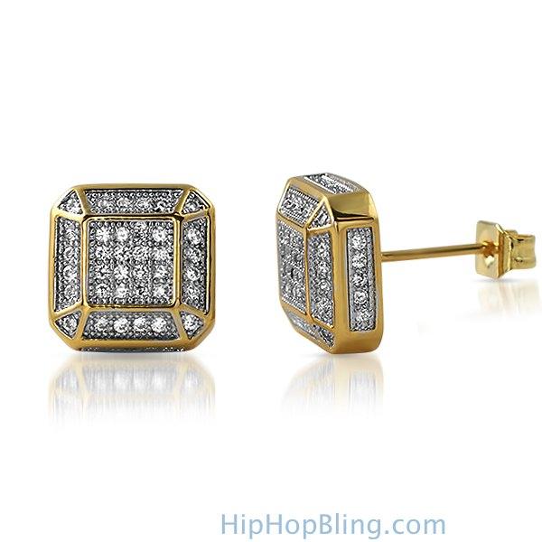 3D Smooth Box Gold CZ Micro Pave Bling Earrings HipHopBling