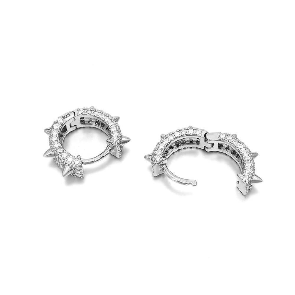 3D Spiked CZ Huggie Hoop CZ Iced Out Earrings .925 Silver White Gold HipHopBling