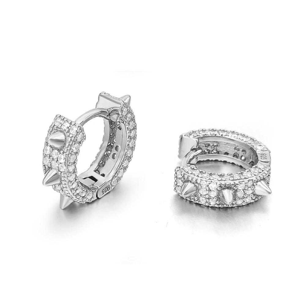 3D Spiked CZ Huggie Hoop CZ Iced Out Earrings .925 Silver White Gold HipHopBling