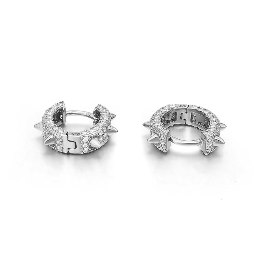 3D Spiked CZ Huggie Hoop CZ Iced Out Earrings .925 Silver White Gold HipHopBling