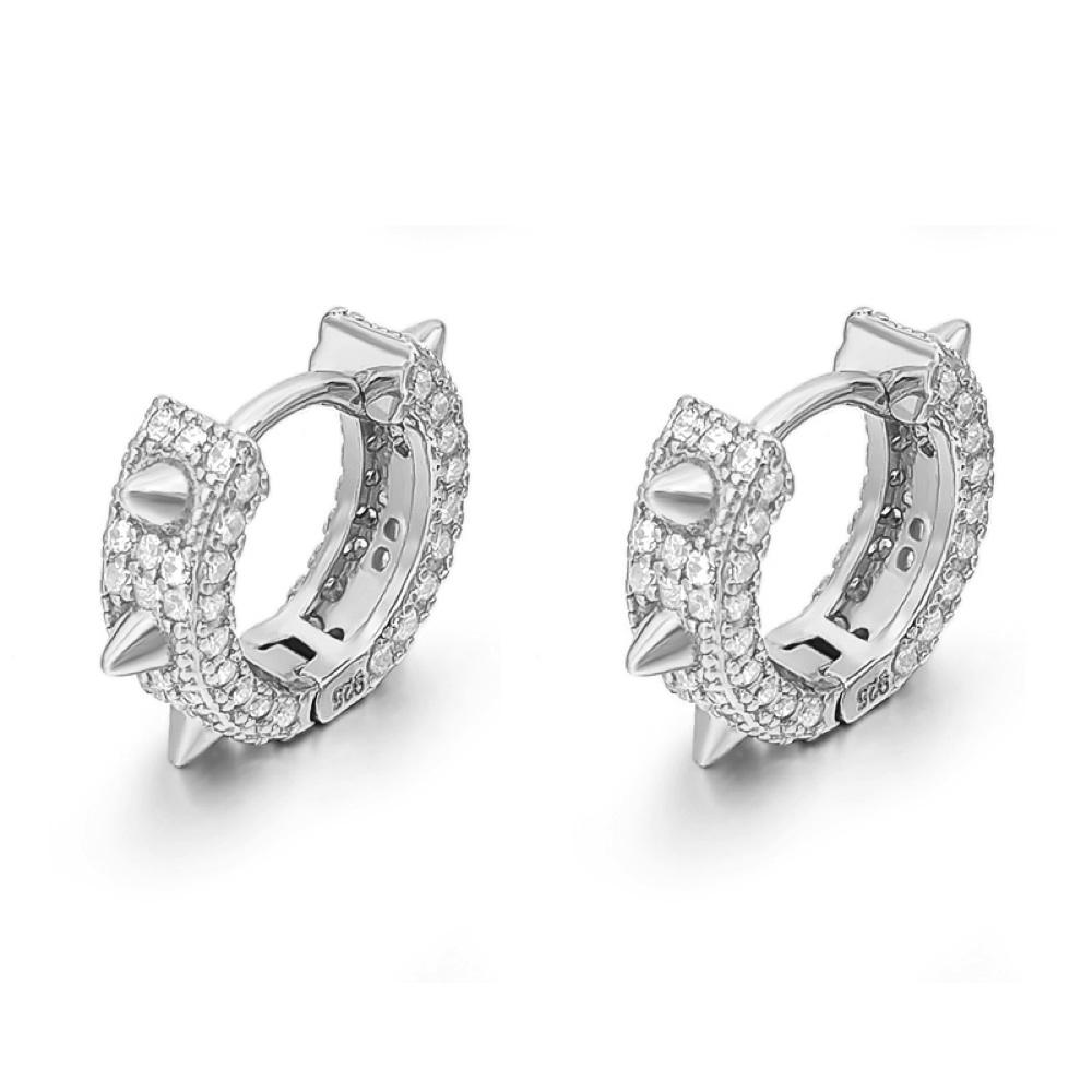 3D Spiked CZ Huggie Hoop CZ Iced Out Earrings .925 Silver White Gold HipHopBling
