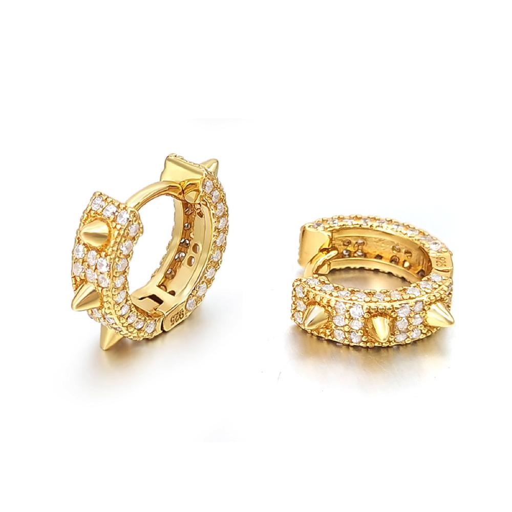 3D Spiked CZ Huggie Hoop CZ Iced Out Earrings .925 Silver White Gold HipHopBling