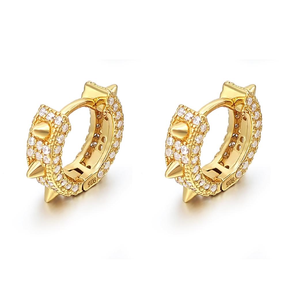 3D Spiked CZ Huggie Hoop CZ Iced Out Earrings .925 Silver Yellow Gold HipHopBling