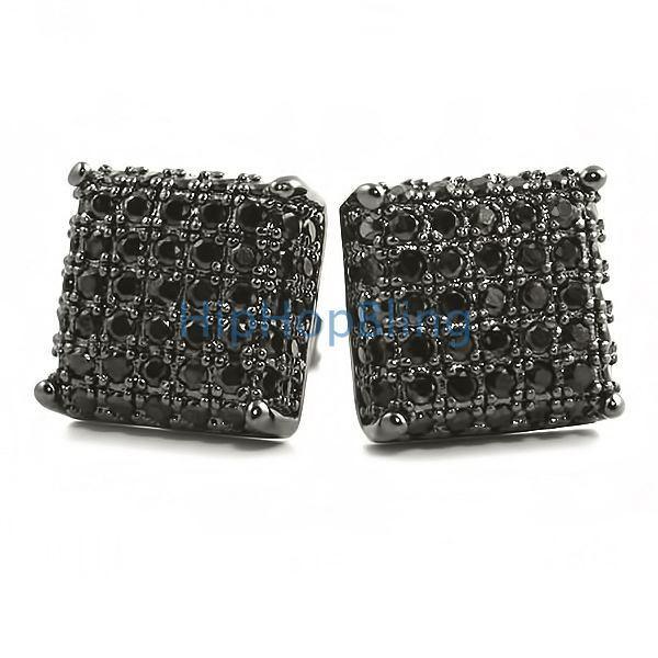 3D Square CZ Bling Bling Earrings Black HipHopBling