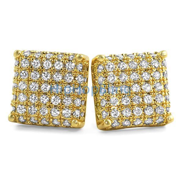 3D Square CZ Bling Bling Earrings Yellow Gold HipHopBling